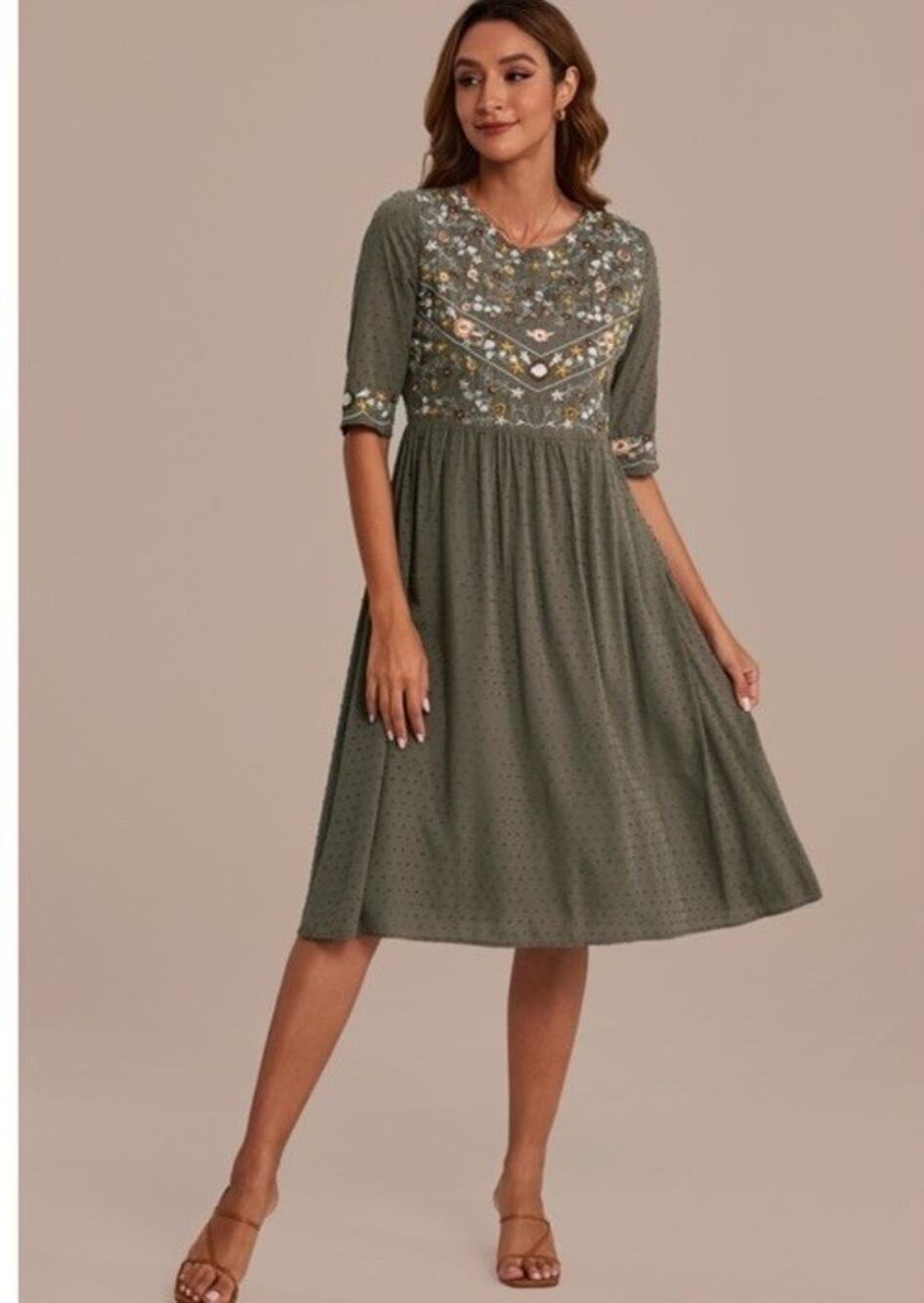 Petallush Floral Embroidery Swiss Dot Green Midi Cotton Dress Size XL New